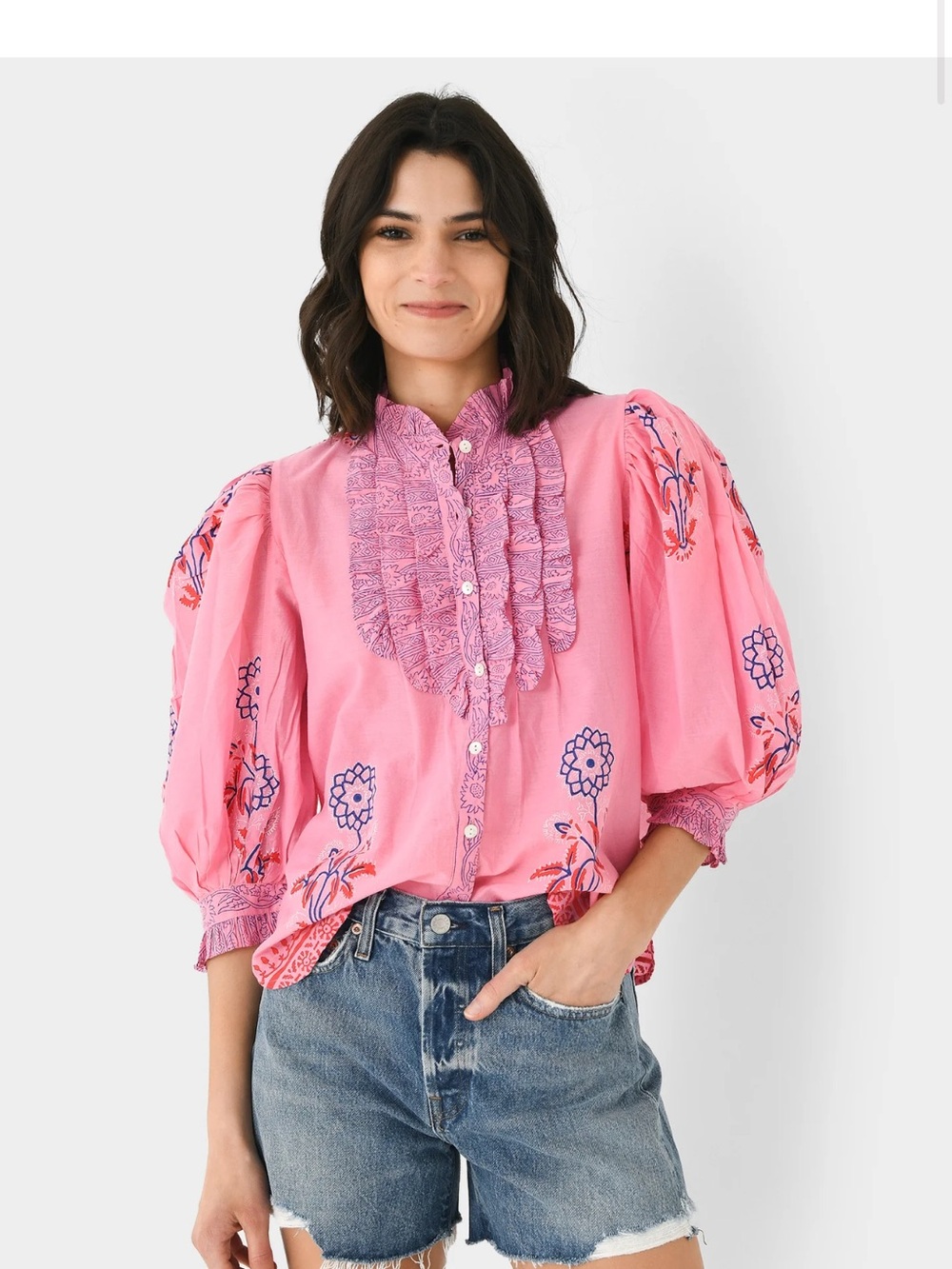 Oliphant Women's Ruffle Front Button Blouse Size L Pink Long Sleeve